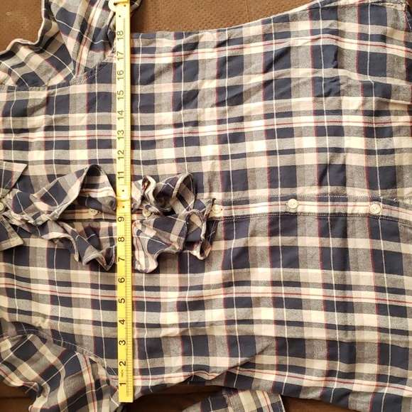 LRL Lauren Jeans Co Ralph Lauren Ruffled Flannel Shirt Ladies M Blue White Red - Picture 6 of 6